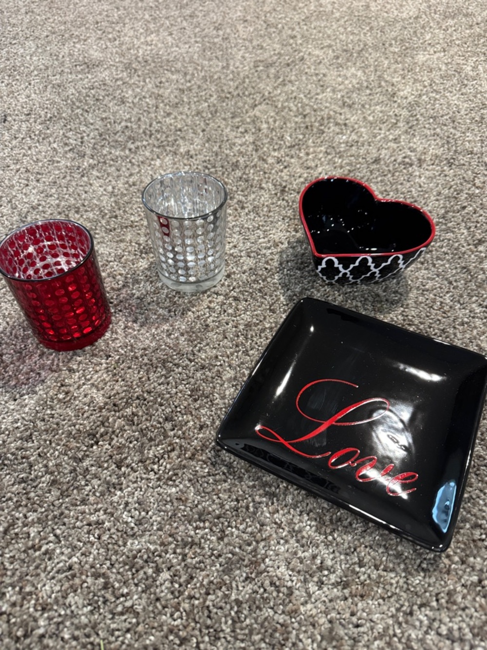 Black 'Love' Trinket Dish with Red Heart Bowl & Glass Votives
